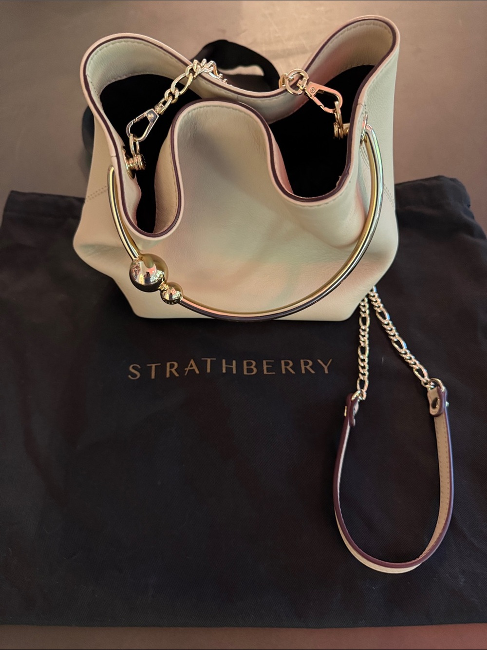 Strathberry Cream Leather Nano Basket with Gold Hoop Handle